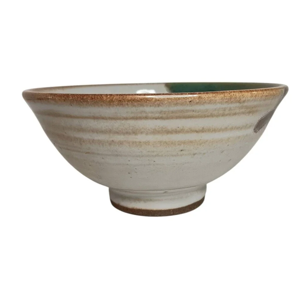 Studio Pottery Bowl Cream Green Blue Tan Signed Harris Ramen Rice Noodle Bowl
